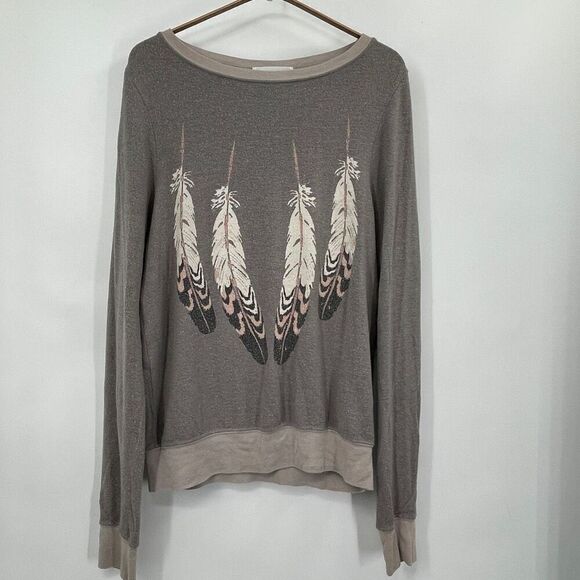 Wild Fox Gray Feather Graphic Print Oversized Pullover Sweatshirt Size XS - Picture 2 of 7